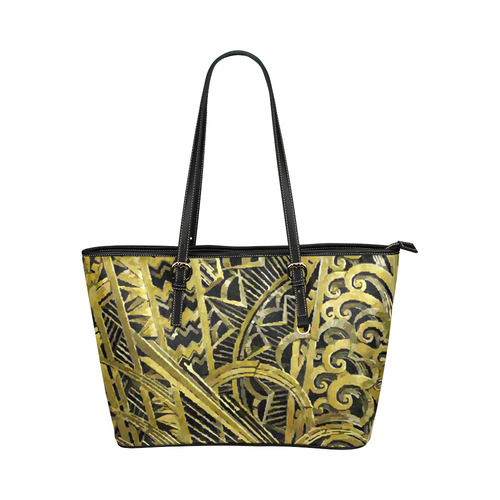 Art Deco Beautiful Gold Floral Geometric Leather Tote Bag/Small (Model 1651)