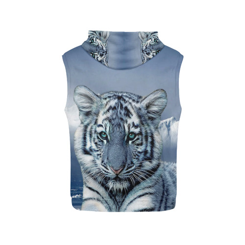 Blue White Tiger All Over Print Sleeveless Hoodie for Women (Model H15)