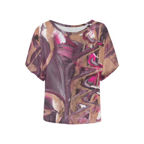 Abstract Acryl Painting plum brown pink Women's Batwing-Sleeved Blouse T shirt (Model T44)