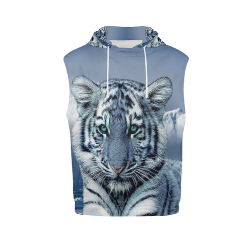 Blue White Tiger All Over Print Sleeveless Hoodie for Women (Model H15)