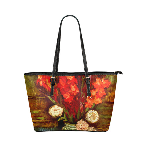Van Gogh Red Gladioli Floral Fine Art Leather Tote Bag/Small (Model 1651)