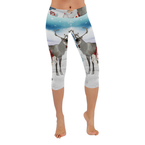 Christmas, Santa Claus with reindeer Women's Low Rise Capri Leggings (Invisible Stitch) (Model L08)