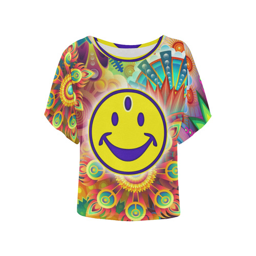Flower Power Third Eye Smiley Painting Women's Batwing-Sleeved Blouse T shirt (Model T44)