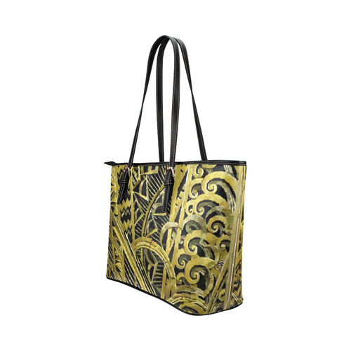 Art Deco Beautiful Gold Floral Geometric Leather Tote Bag/Large (Model 1651)