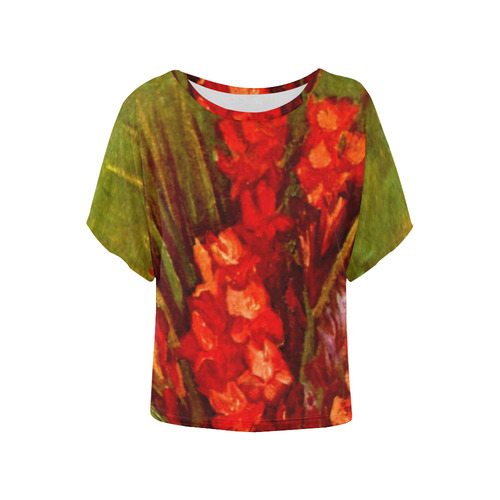 Van Gogh Red Gladioli Floral Fine Art Women's Batwing-Sleeved Blouse T shirt (Model T44)