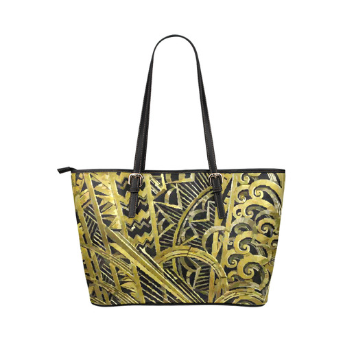 Art Deco Beautiful Gold Floral Geometric Leather Tote Bag/Large (Model 1651)
