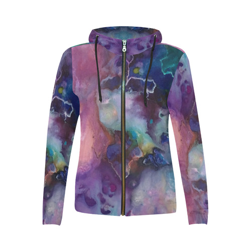 Abstract Watercolor Painting blue rose purple All Over Print Full Zip Hoodie for Women (Model H14)