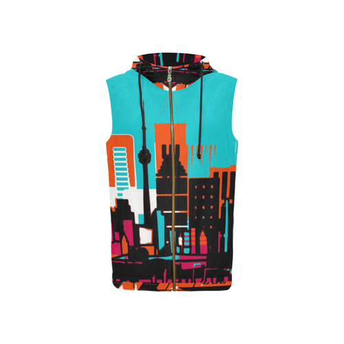 architecture skyline teal black orange All Over Print Sleeveless Zip Up Hoodie for Women (Model H16)