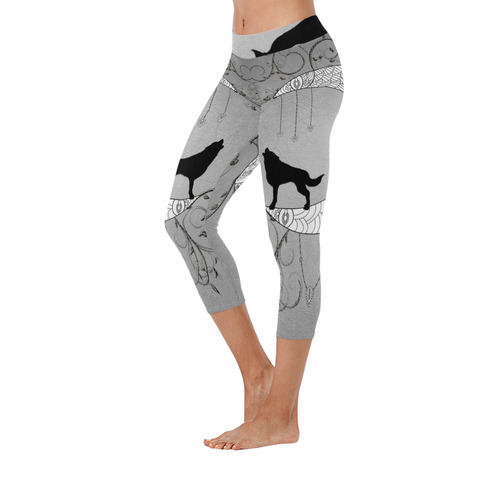 Mandala moon with wolf Women's Low Rise Capri Leggings (Invisible Stitch) (Model L08)