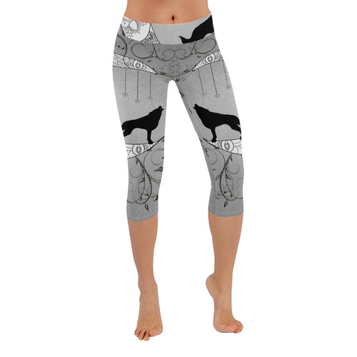 Mandala moon with wolf Women's Low Rise Capri Leggings (Invisible Stitch) (Model L08)