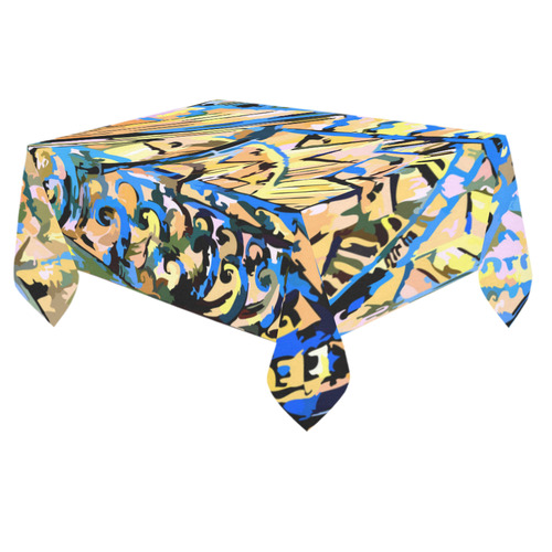 Art Deco Blue Gold Vintage Retro Cotton Linen Tablecloth 60"x 84"