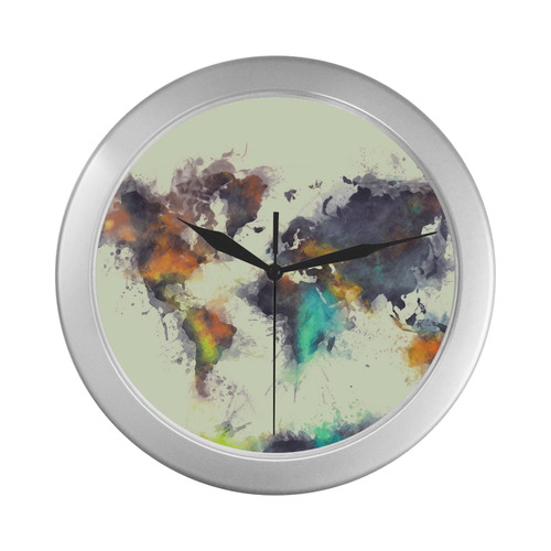 world map #world #map Silver Color Wall Clock