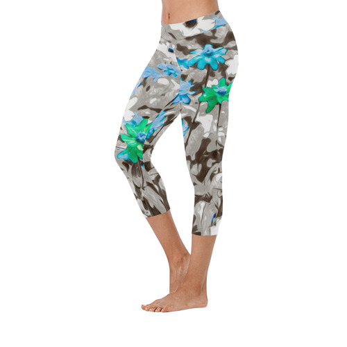 Flowers, black,white and splash B by JamColors Women's Low Rise Capri Leggings (Invisible Stitch) (Model L08)