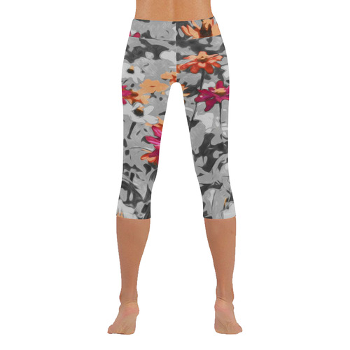 Flowers, black,white and splashA by JamColors Women's Low Rise Capri Leggings (Invisible Stitch) (Model L08)