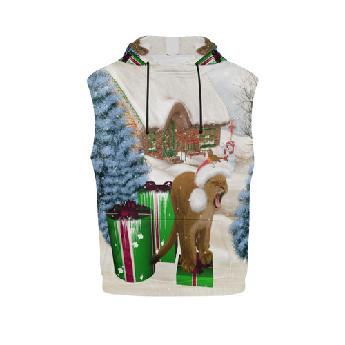 Christmas cute little lion with christmas hat All Over Print Sleeveless Hoodie for Women (Model H15)