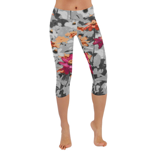 Flowers, black,white and splashA by JamColors Women's Low Rise Capri Leggings (Invisible Stitch) (Model L08)