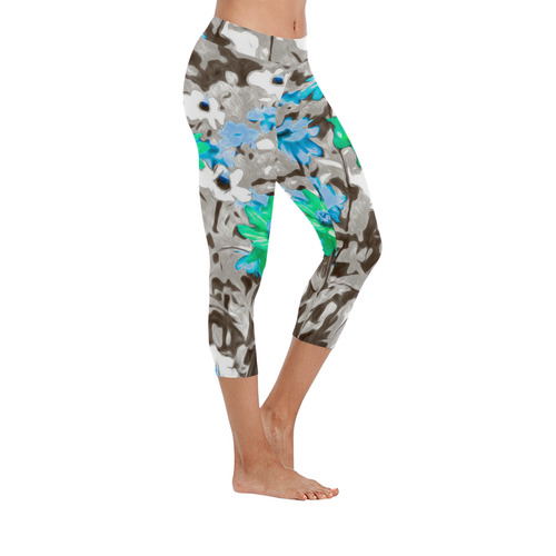 Flowers, black,white and splash B by JamColors Women's Low Rise Capri Leggings (Invisible Stitch) (Model L08)