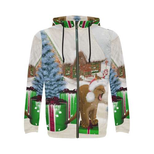 Christmas cute little lion with christmas hat All Over Print Full Zip Hoodie for Men (Model H14)