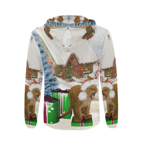 Christmas cute little lion with christmas hat All Over Print Full Zip Hoodie for Men (Model H14)
