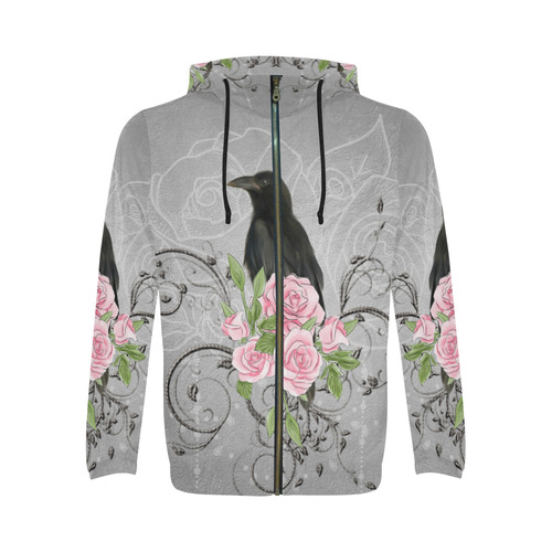 The crow with roses All Over Print Full Zip Hoodie for Men (Model H14)