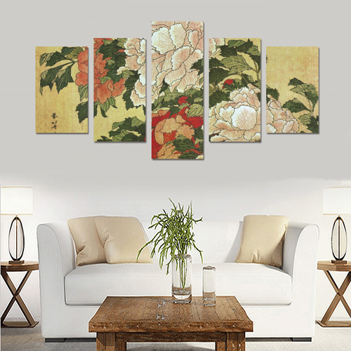 Peonies Butterfly Hokusai Japanese Floral Nature Canvas Print Sets C (No Frame)