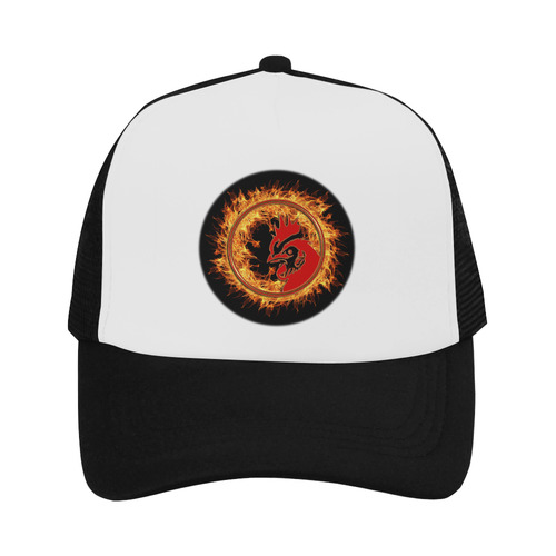 Gold Red Fire Rooster Button Trucker Hat