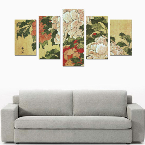Peonies Butterfly Hokusai Japanese Floral Nature Canvas Print Sets C (No Frame)