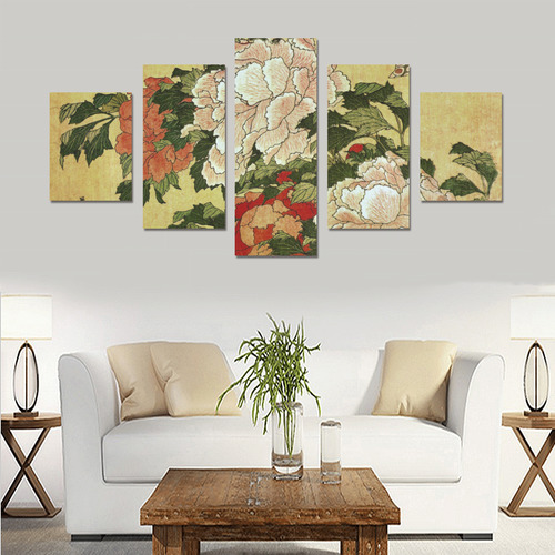 Peonies Butterfly Hokusai Japanese Floral Nature Canvas Print Sets B (No Frame)