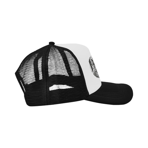 Black White Drawing of a CAT Trucker Hat