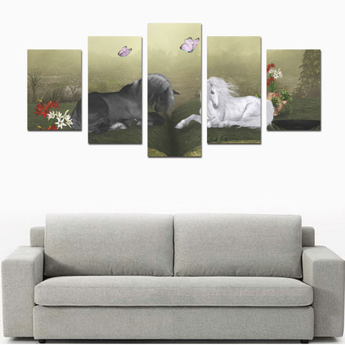 White unicorn with black horse Canvas Print Sets D (No Frame)