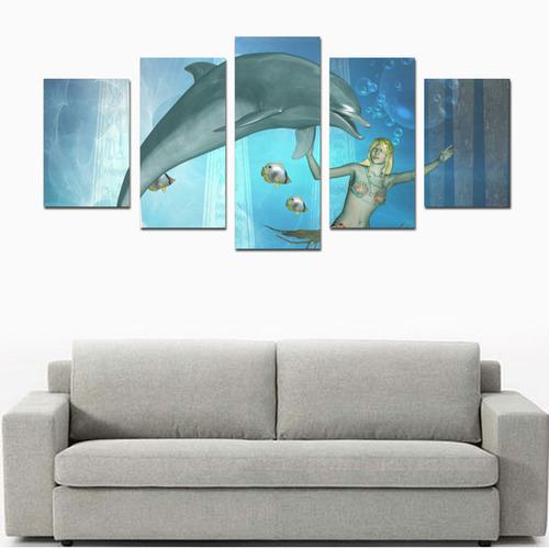 Underwater, dolphin with mermaid Canvas Print Sets D (No Frame)