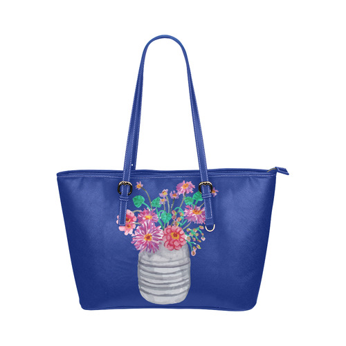 Cute Hand Painted Flowers Watercolor Floral Leather Tote Bag/Large (Model 1651)