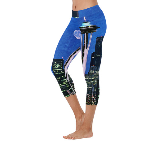 Seattle Space Needle Watercolor Women's Low Rise Capri Leggings (Invisible Stitch) (Model L08)