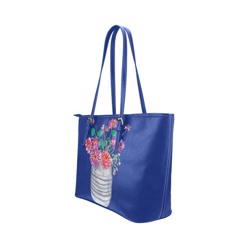 Cute Hand Painted Flowers Watercolor Floral Leather Tote Bag/Large (Model 1651)