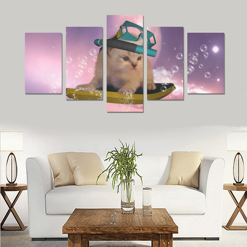 Funny surfing kitten Canvas Print Sets C (No Frame)