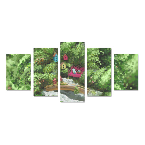 Birds and nest boxes in fairy tale garden, kids Canvas Print Sets D (No Frame)