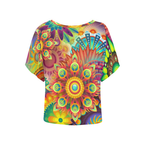 Trippy Psychedelic Floral Pattern Red Blue Women's Batwing-Sleeved Blouse T shirt (Model T44)