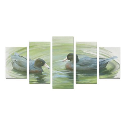 Blue Ducks in Pond. watercolor birds Canvas Print Sets D (No Frame)