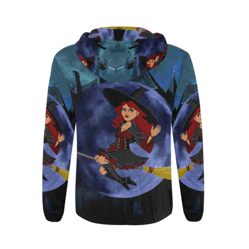 Witch and Blue Moon All Over Print Full Zip Hoodie for Men (Model H14)