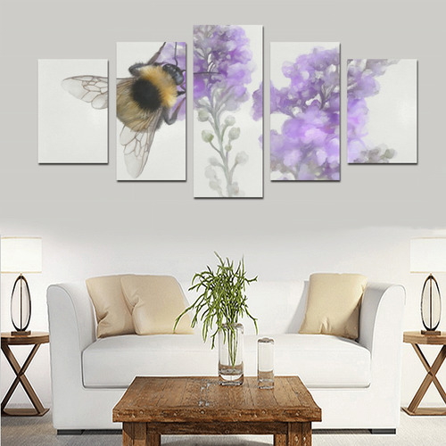 Bumblebee on Purple Flowers, floral watercolor Canvas Print Sets D (No Frame)