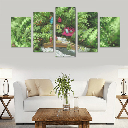 Birds and nest boxes in fairy tale garden, kids Canvas Print Sets D (No Frame)