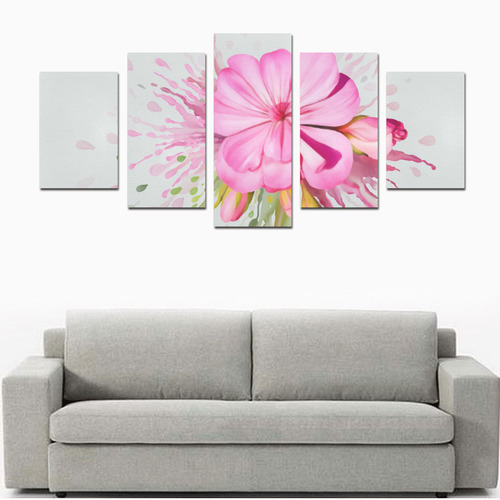 Pink flower color splash, floral watercolor Canvas Print Sets D (No Frame)