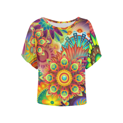 Trippy Psychedelic Floral Pattern Red Blue Women's Batwing-Sleeved Blouse T shirt (Model T44)