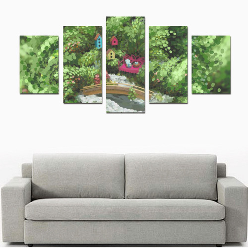 Birds and nest boxes in fairy tale garden, kids Canvas Print Sets D (No Frame)