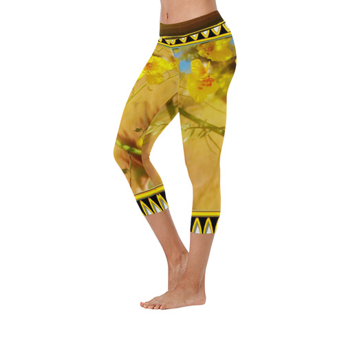 Yellow flowers Women's Low Rise Capri Leggings (Invisible Stitch) (Model L08)