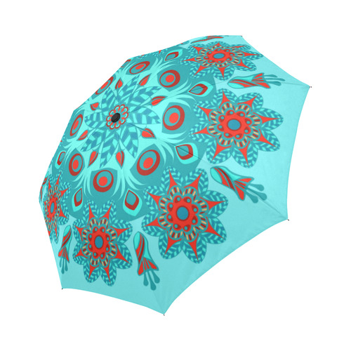Floral Mandala Red Aqua Teal Auto-Foldable Umbrella (Model U04)