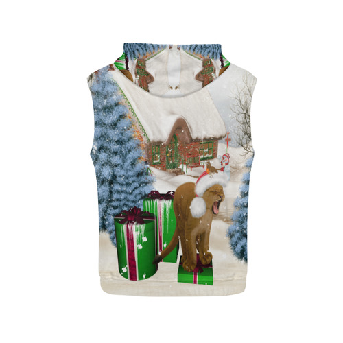Christmas cute little lion with christmas hat All Over Print Sleeveless Hoodie for Men (Model H15)