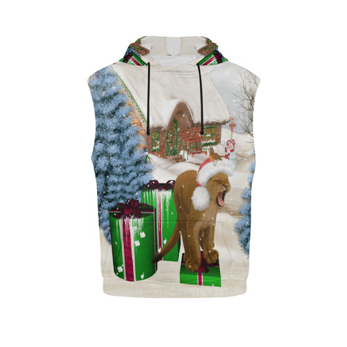 Christmas cute little lion with christmas hat All Over Print Sleeveless Hoodie for Men (Model H15)