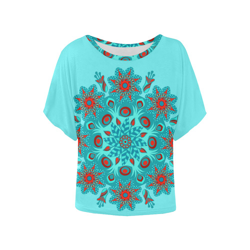 Floral Mandala Red Aqua Teal Women's Batwing-Sleeved Blouse T shirt (Model T44)