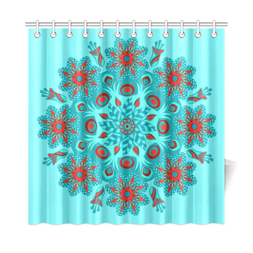 red and teal shower curtain